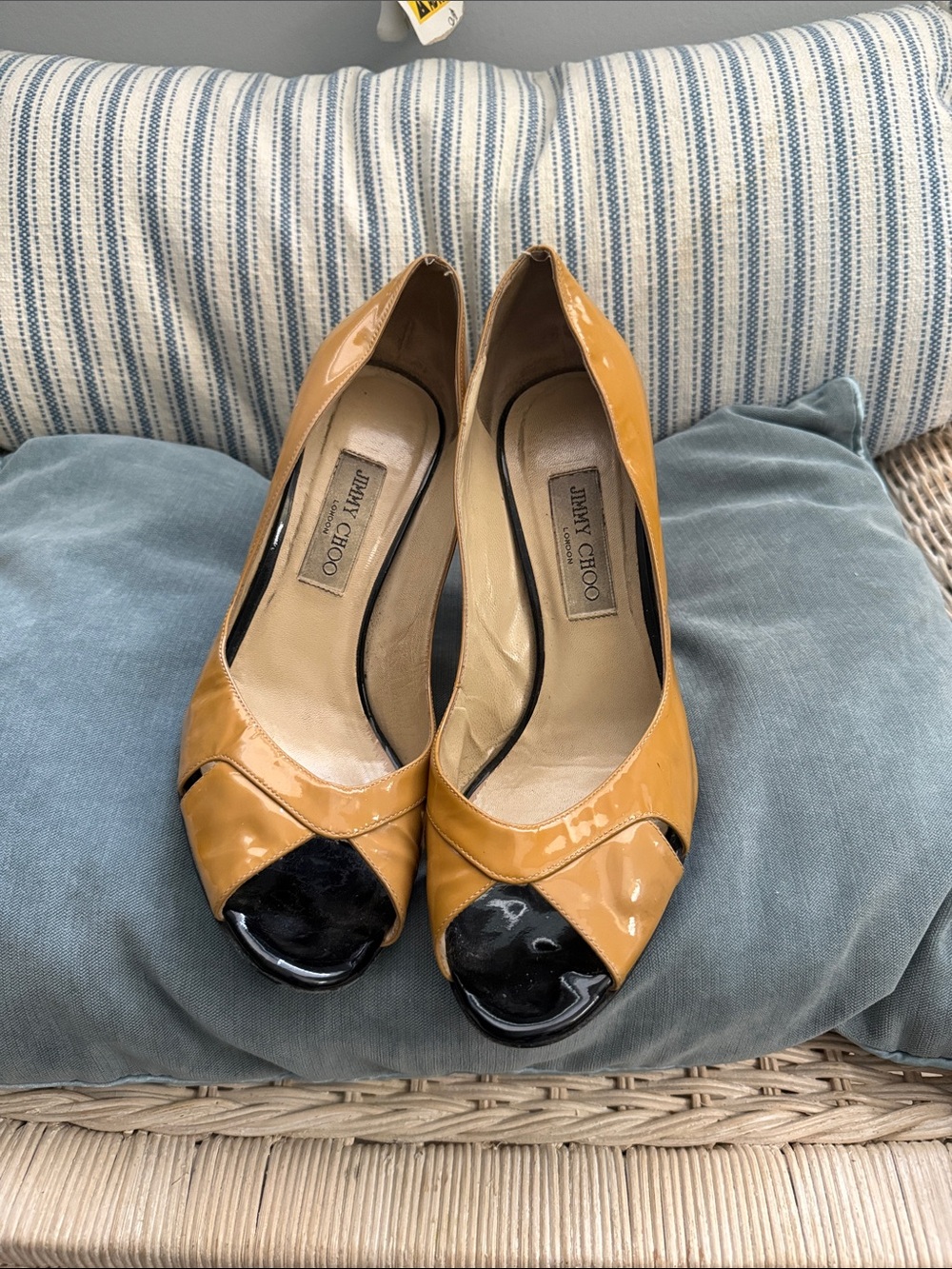 Jimmy Choo Two-Tone Patent Peep-Toe Pumps in Mustard and Black